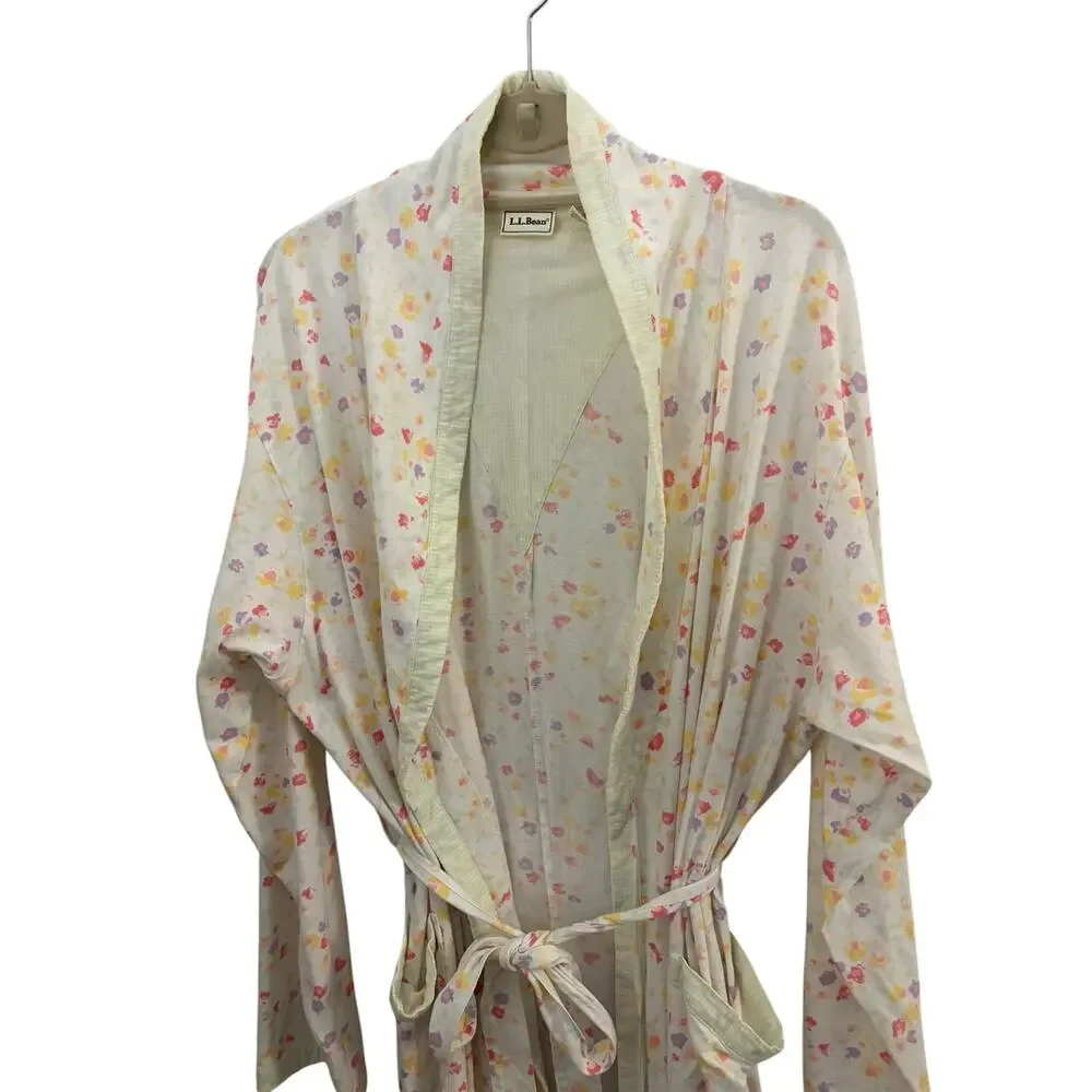 LL Bean 100% Cotton White Floral Robe Vintage M Belted Pockets Cozy Grannycore